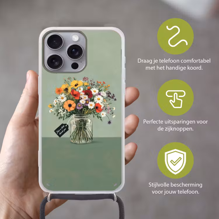 Bloemen - Vaas - Kaartje Hoesje iPhone 16 Pro Max met koord klein -sfeer2_NL