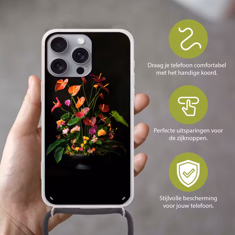 Bloemen - Vaas - Kleurrijk Hoesje iPhone 16 Pro Max met koord klein -sfeer2_NL