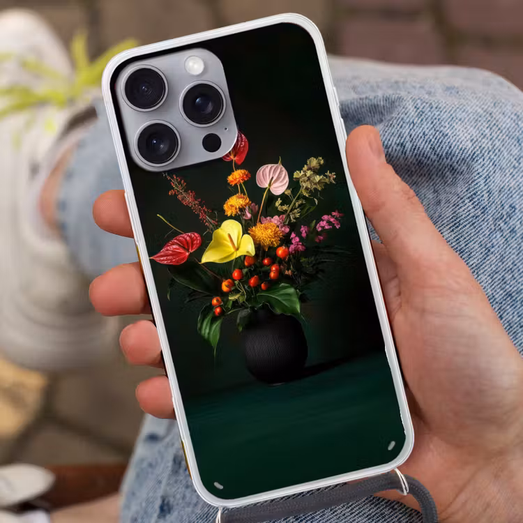 Bloemen - Vaas - Zwart Hoesje iPhone 16 Pro Max met koord klein -sfeer3