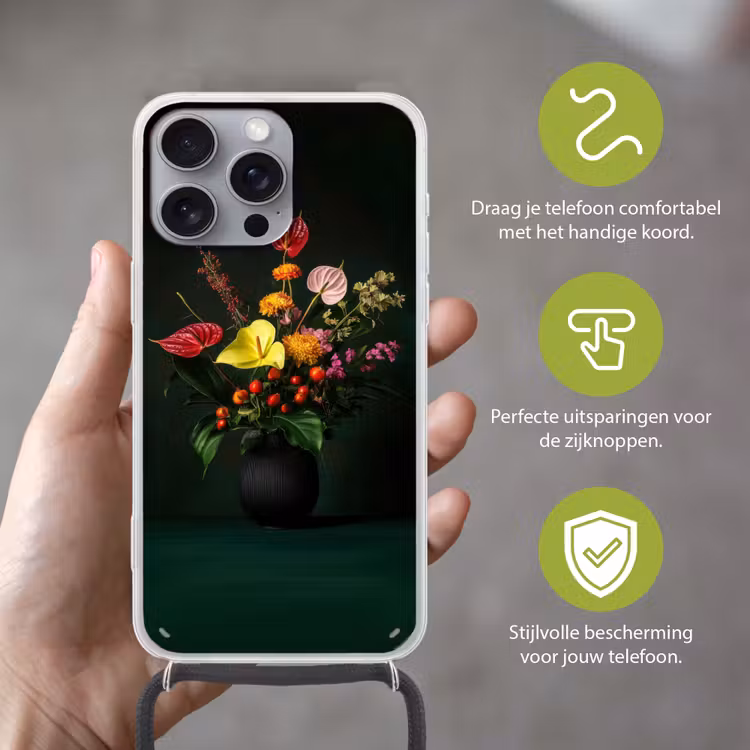 Bloemen - Vaas - Zwart Hoesje iPhone 16 Pro Max met koord klein -sfeer2_NL