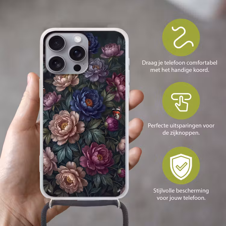 Bloemen - Vlinder - Natuur - Modern - Paars Hoesje iPhone 16 Pro Max met koord klein -sfeer2_NL