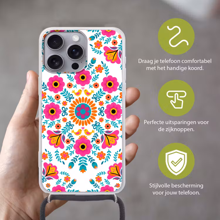 Bloemen - Vogel - Patroon - Kleurrijk - Modern Hoesje iPhone 16 Pro Max met koord klein -sfeer2_NL