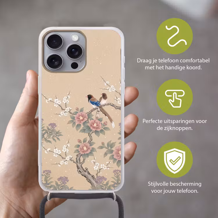 Bloemen - Vogels - Bloemen Hoesje iPhone 16 Pro Max met koord klein -sfeer2_NL