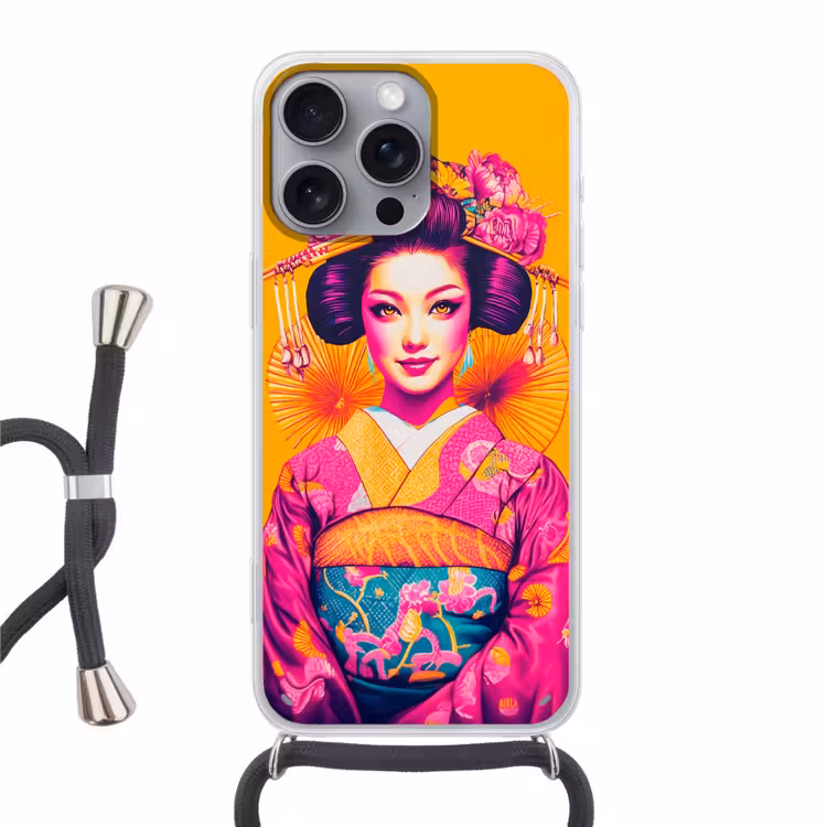 Bloemen - Vrouw - Kimono - Roze Hoesje iPhone 16 Pro Max met koord klein -3d
