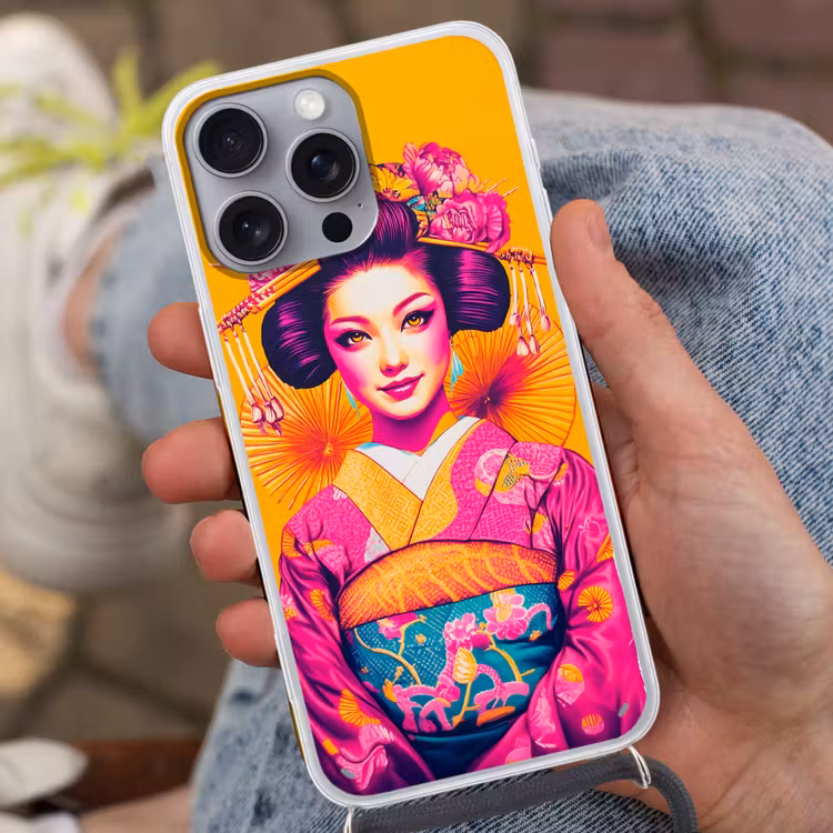 Bloemen - Vrouw - Kimono - Roze Hoesje iPhone 16 Pro Max met koord klein -sfeer3