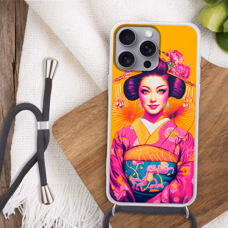 Bloemen - Vrouw - Kimono - Roze Hoesje iPhone 16 Pro Max met koord klein -sfeer4