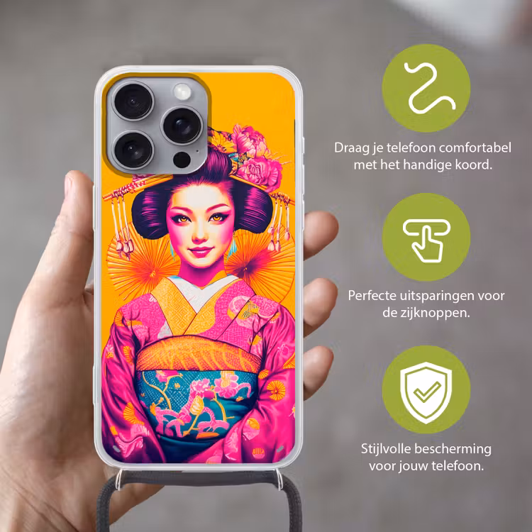 Bloemen - Vrouw - Kimono - Roze Hoesje iPhone 16 Pro Max met koord klein -sfeer2_NL