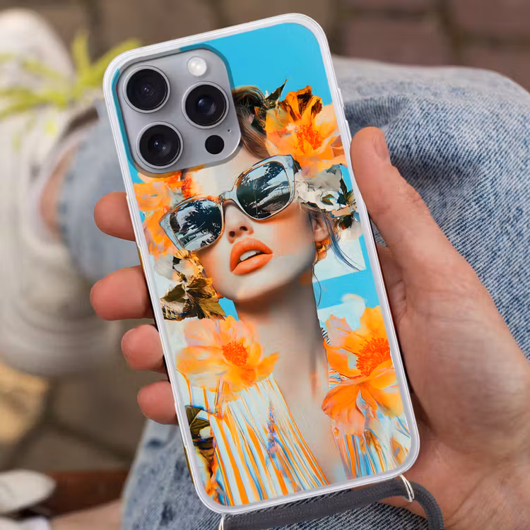 Bloemen - Vrouw - Zonnebril - Blauw Hoesje iPhone 16 Pro Max met koord klein -sfeer3