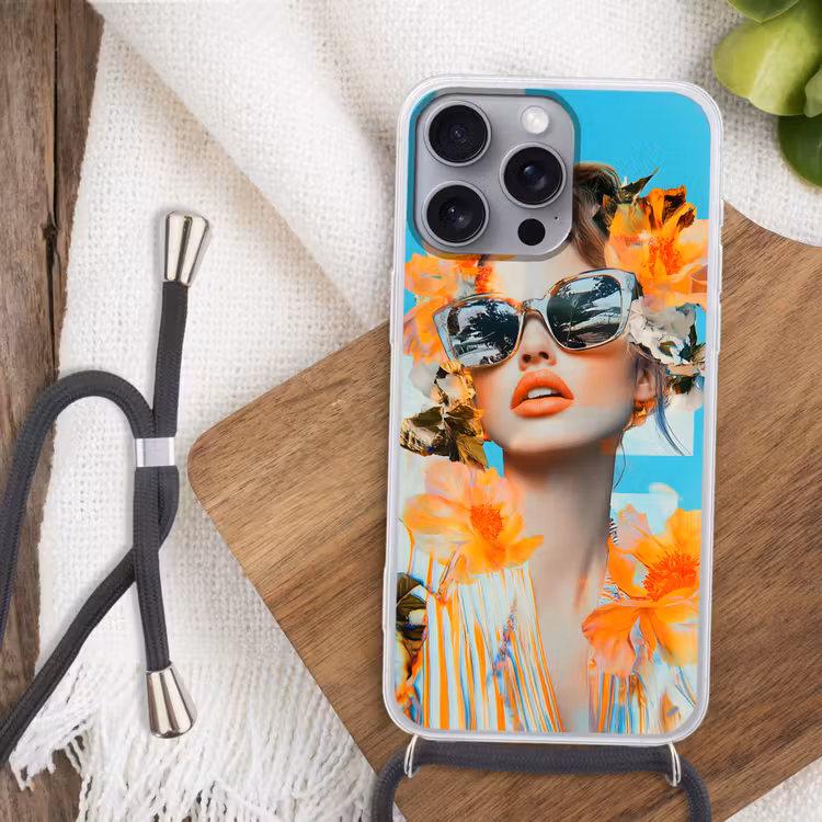 Bloemen - Vrouw - Zonnebril - Blauw Hoesje iPhone 16 Pro Max met koord klein -sfeer4