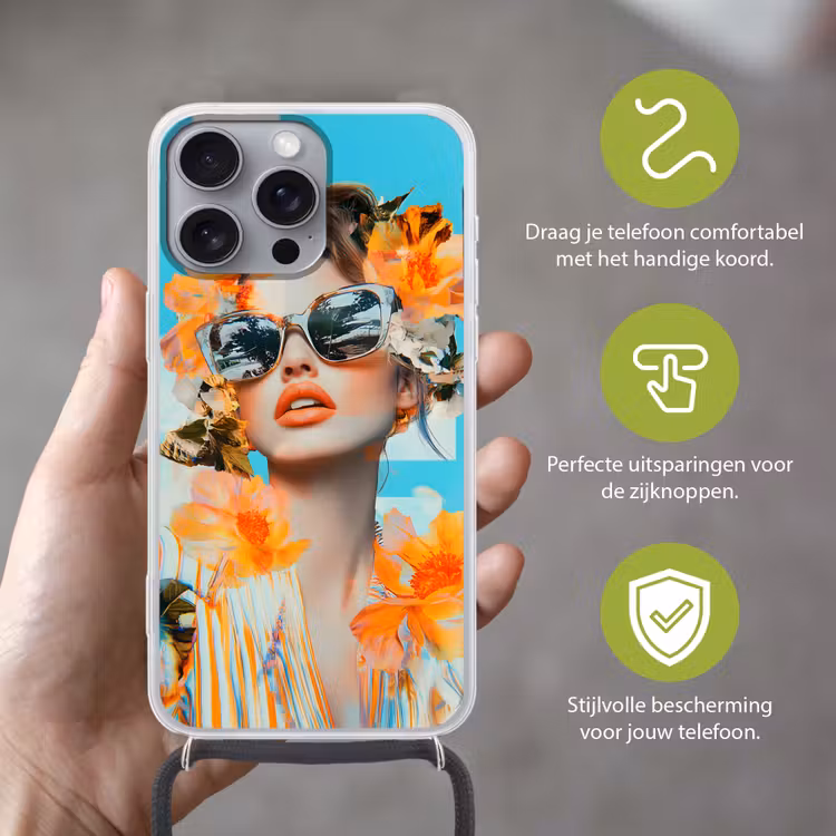 Bloemen - Vrouw - Zonnebril - Blauw Hoesje iPhone 16 Pro Max met koord klein -sfeer2_NL