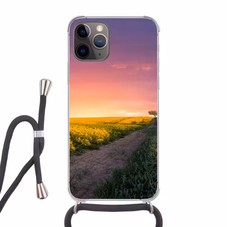 Bloemen - Weg - Lucht - Geel - Paars - Zonsondergang - Natuur Hoesje iPhone 12 Pro met koord klein -3d