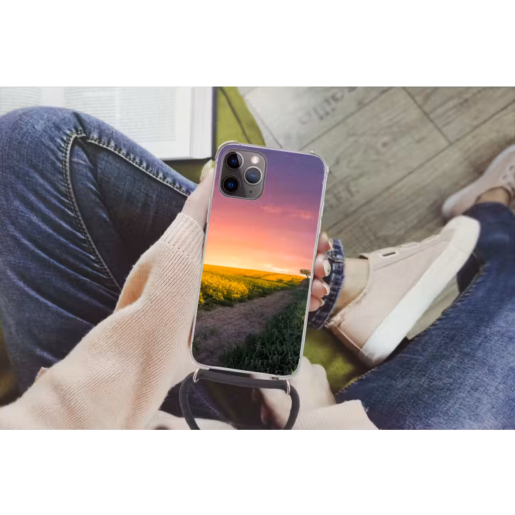Bloemen - Weg - Lucht - Geel - Paars - Zonsondergang - Natuur Hoesje iPhone 12 Pro met koord klein -hand
