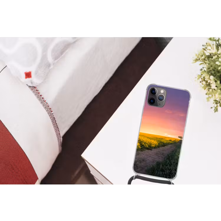 Bloemen - Weg - Lucht - Geel - Paars - Zonsondergang - Natuur Hoesje iPhone 12 Pro met koord klein -kamer