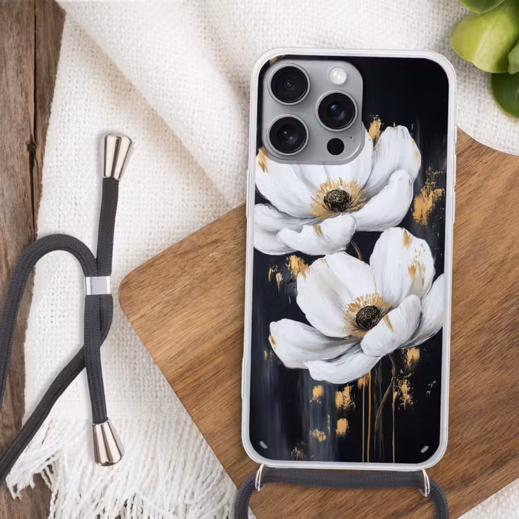 Bloemen - Wit - Abstract Hoesje iPhone 16 Pro Max met koord klein -sfeer4