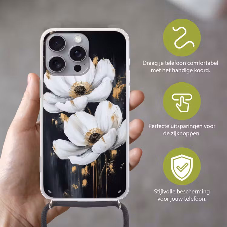 Bloemen - Wit - Abstract Hoesje iPhone 16 Pro Max met koord klein -sfeer2_NL