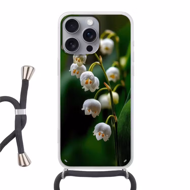 Bloemen - Wit - Bladeren - Lelietjes Hoesje iPhone 16 Pro Max met koord klein -3d