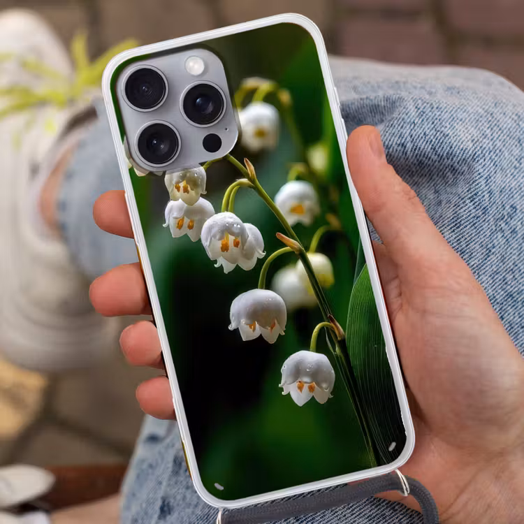 Bloemen - Wit - Bladeren - Lelietjes Hoesje iPhone 16 Pro Max met koord klein -sfeer3