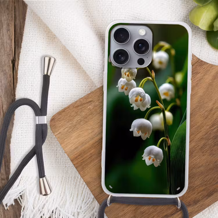 Bloemen - Wit - Bladeren - Lelietjes Hoesje iPhone 16 Pro Max met koord klein -sfeer4