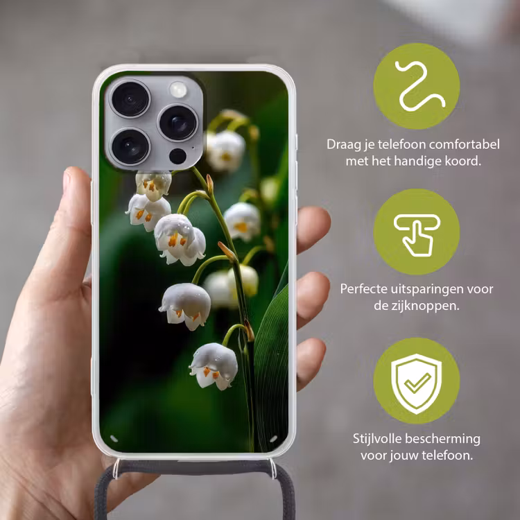 Bloemen - Wit - Bladeren - Lelietjes Hoesje iPhone 16 Pro Max met koord klein -sfeer2_NL