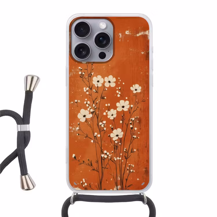 Bloemen - Wit - Subtiel - Roestkleur Hoesje iPhone 16 Pro Max met koord klein -3d
