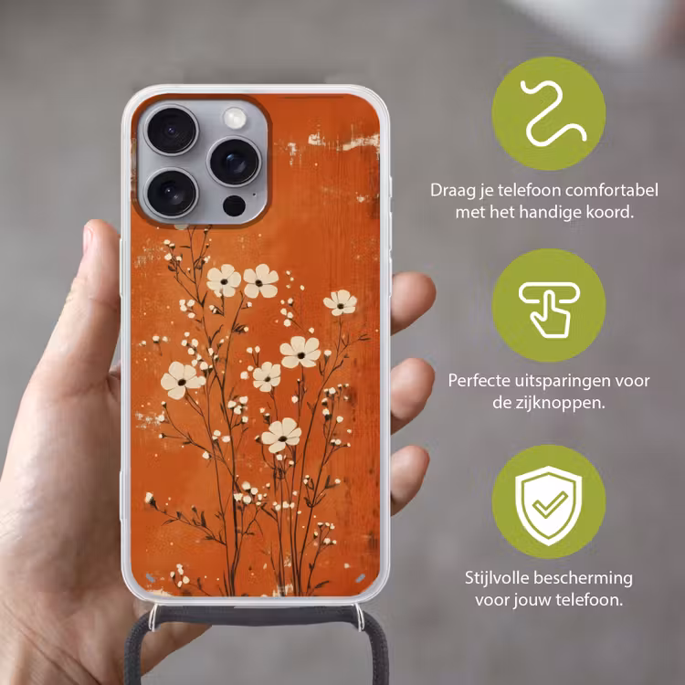 Bloemen - Wit - Subtiel - Roestkleur Hoesje iPhone 16 Pro Max met koord klein -sfeer2_NL