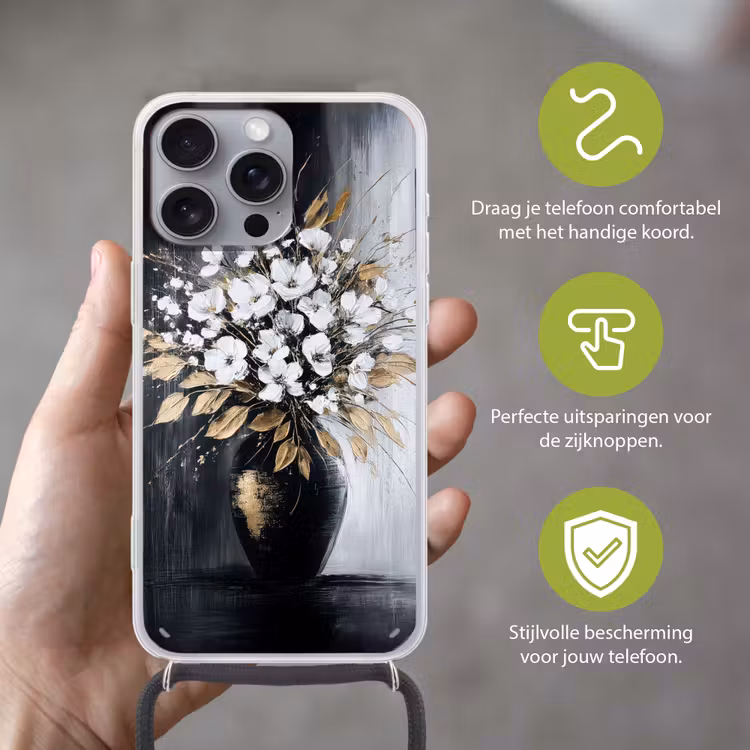 Bloemen - Wit - Vaas - Abstract Hoesje iPhone 16 Pro Max met koord klein -sfeer2_NL