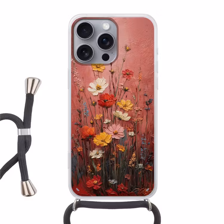 Bloemenboeket - Diepte - Tastbare textuur Hoesje iPhone 16 Pro Max met koord klein -3d