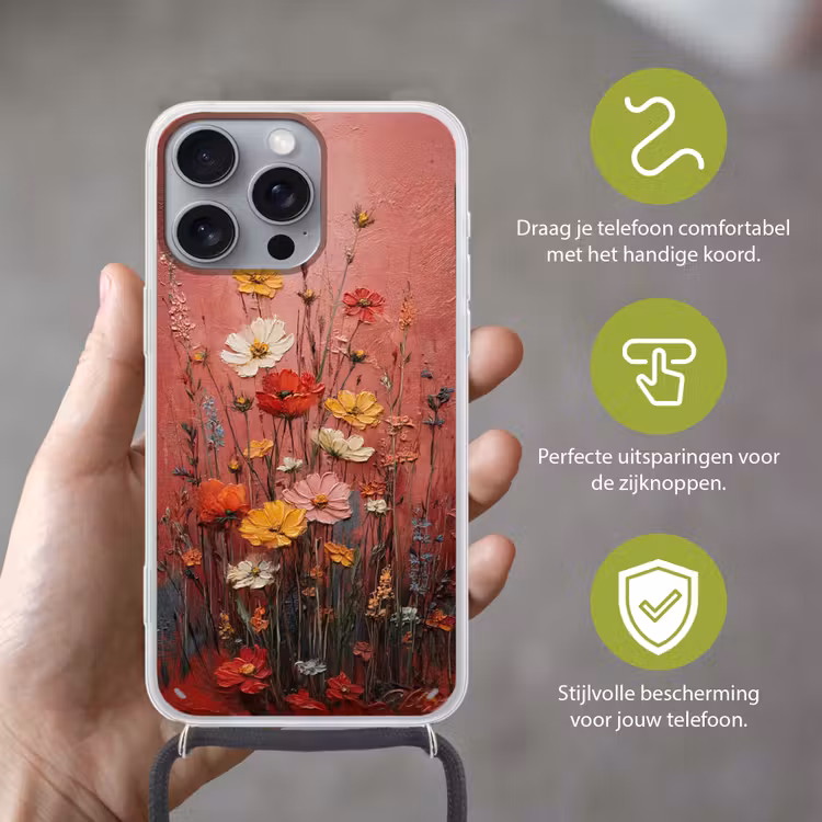 Bloemenboeket - Diepte - Tastbare textuur Hoesje iPhone 16 Pro Max met koord klein -sfeer2_NL