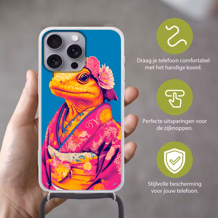 Bloemenkrans - Hagedis - Kimono - Paars Hoesje iPhone 16 Pro Max met koord klein -sfeer2_NL