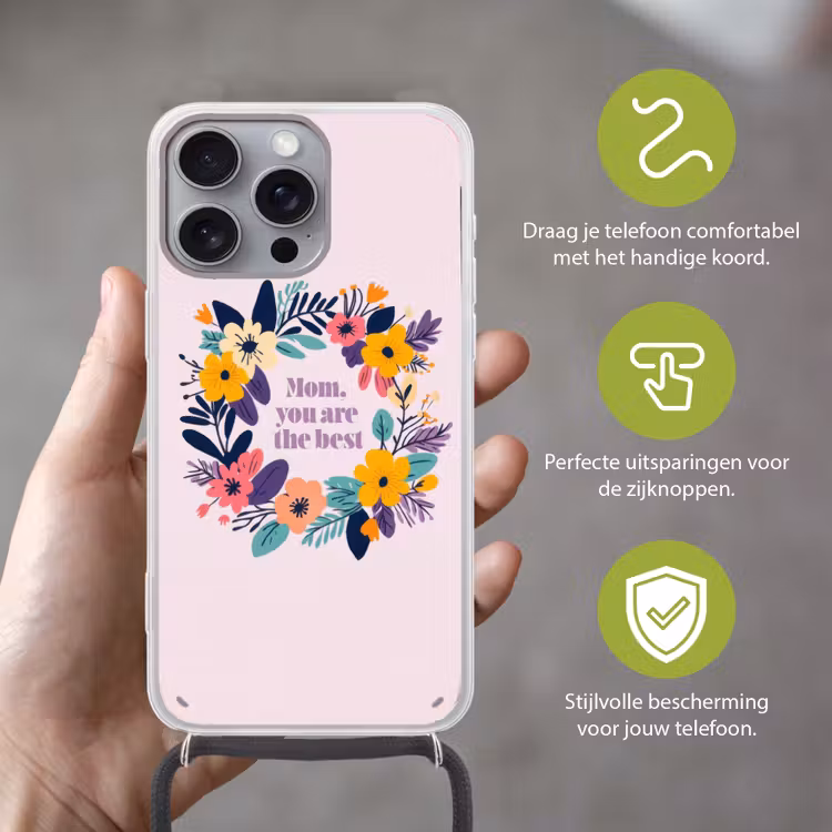 Bloemenkrans - Kleurrijk - Moeder Hoesje iPhone 16 Pro Max met koord klein -sfeer2_NL