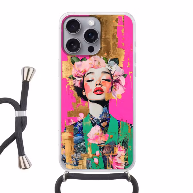Bloemenkroon - Goud - Vrouw - Portret Hoesje iPhone 16 Pro Max met koord klein -3d