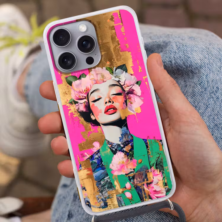 Bloemenkroon - Goud - Vrouw - Portret Hoesje iPhone 16 Pro Max met koord klein -sfeer3
