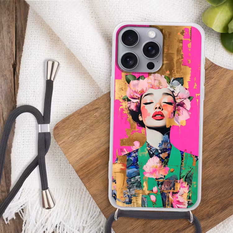 Bloemenkroon - Goud - Vrouw - Portret Hoesje iPhone 16 Pro Max met koord klein -sfeer4