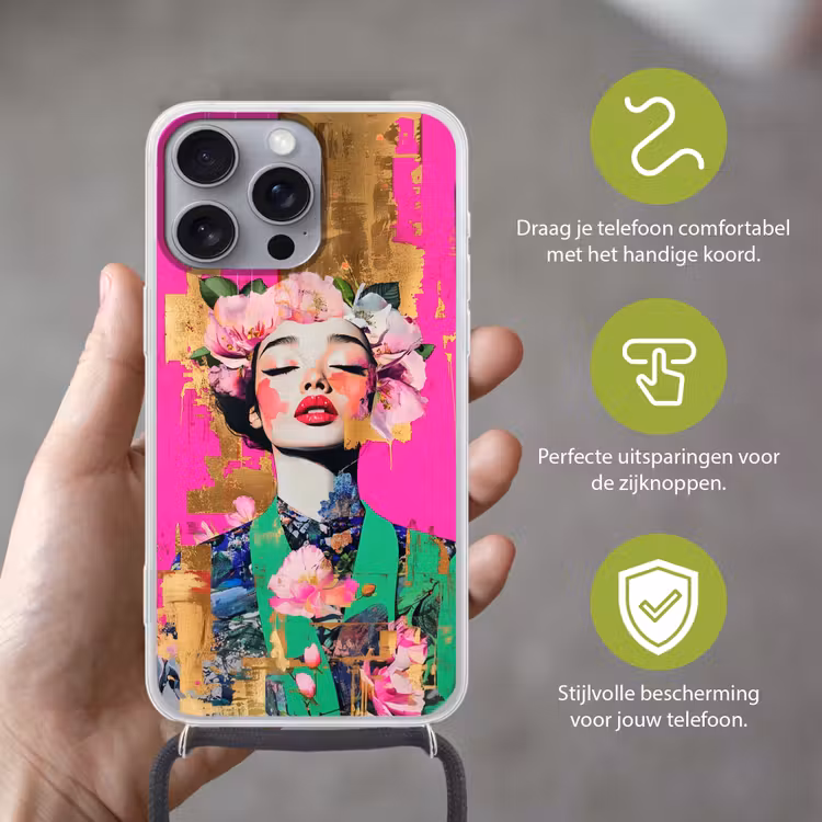Bloemenkroon - Goud - Vrouw - Portret Hoesje iPhone 16 Pro Max met koord klein -sfeer2_NL
