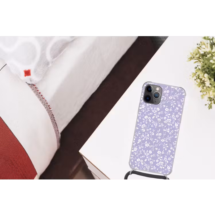 Bloemenpatroon - Paars - Wit - Bloemen Hoesje iPhone 12 Pro met koord klein -kamer