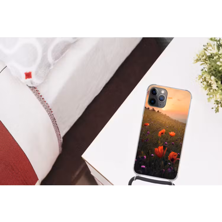 Bloemenveld - Gras - Bloemen - Planten - Zonsondergang - Oranje Hoesje iPhone 12 Pro met koord klein -kamer