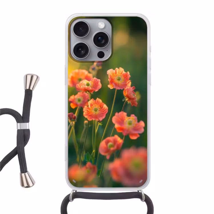 Bloemenveld - Zonnestralen - Oranje Hoesje iPhone 16 Pro Max met koord klein -3d