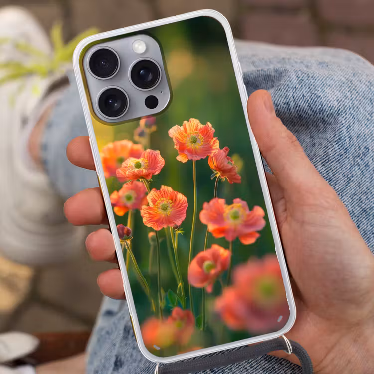 Bloemenveld - Zonnestralen - Oranje Hoesje iPhone 16 Pro Max met koord klein -sfeer3