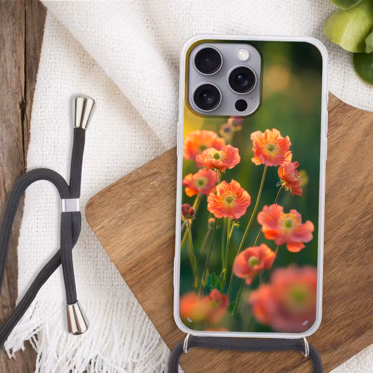 Bloemenveld - Zonnestralen - Oranje Hoesje iPhone 16 Pro Max met koord klein -sfeer4