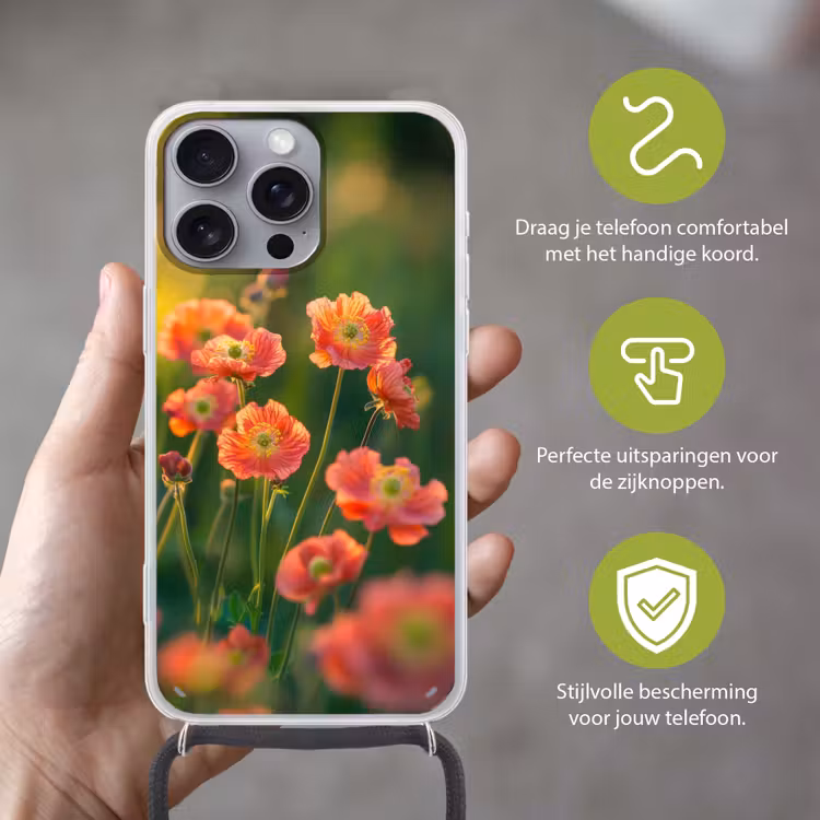 Bloemenveld - Zonnestralen - Oranje Hoesje iPhone 16 Pro Max met koord klein -sfeer2_NL
