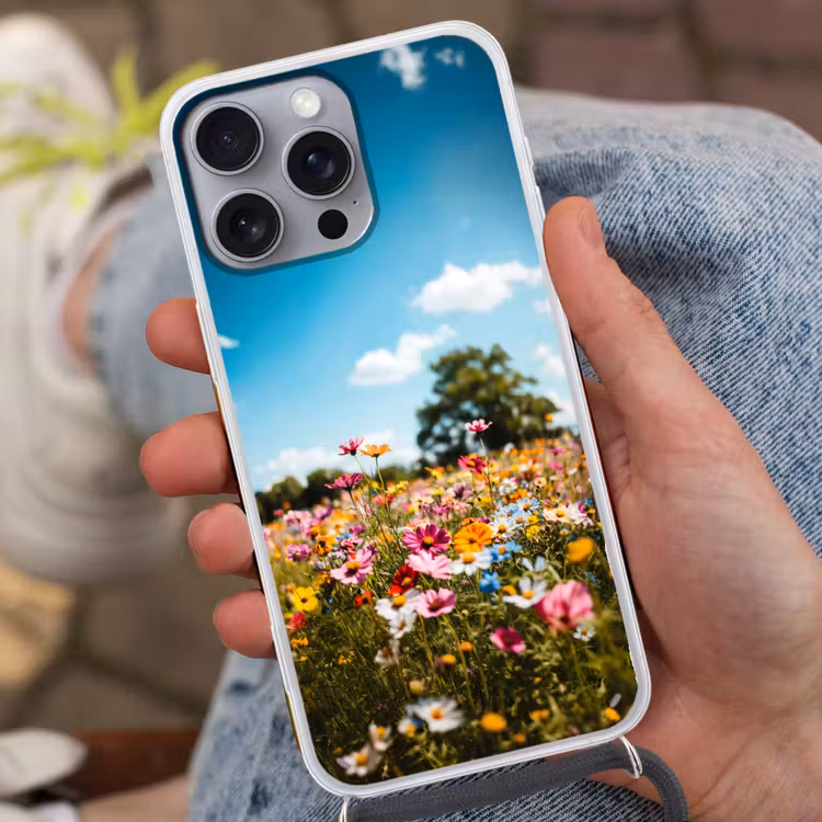 Bloemenweide - Blauw - Lucht - Kleuren Hoesje iPhone 16 Pro Max met koord klein -sfeer3