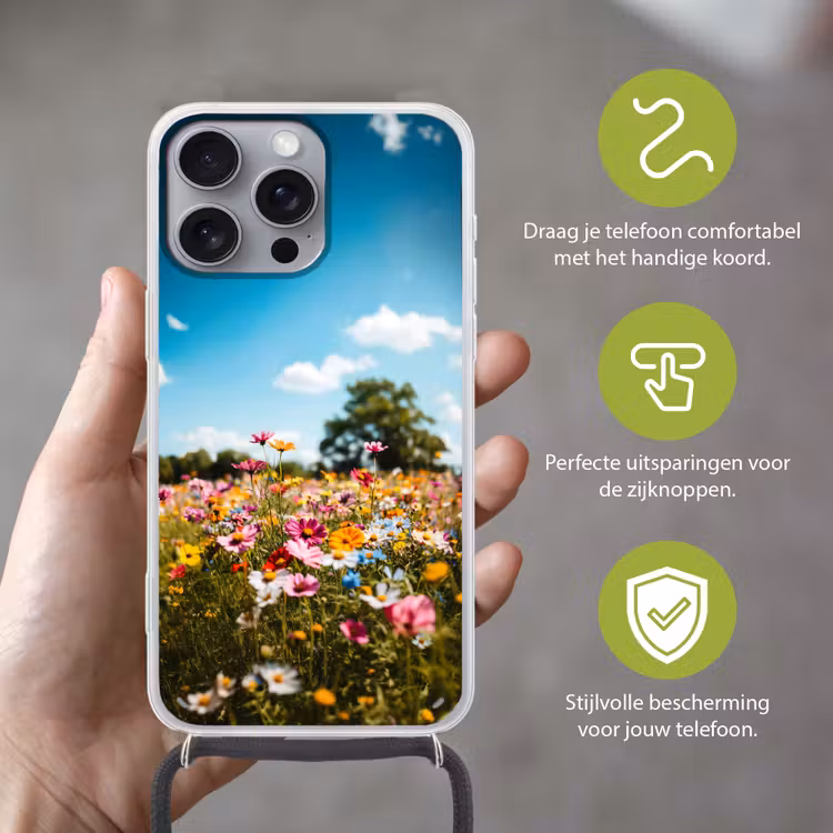 Bloemenweide - Blauw - Lucht - Kleuren Hoesje iPhone 16 Pro Max met koord klein -sfeer2_NL
