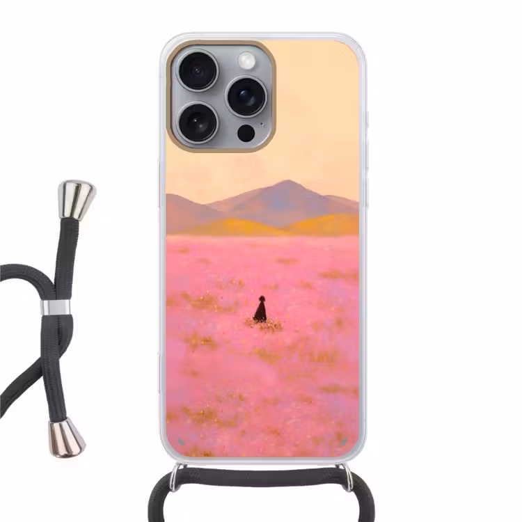 Bloemenweide - Heuvels - Silhouet - Roze Hoesje iPhone 16 Pro Max met koord klein -3d