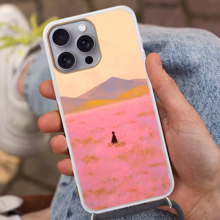 Bloemenweide - Heuvels - Silhouet - Roze Hoesje iPhone 16 Pro Max met koord klein -sfeer3
