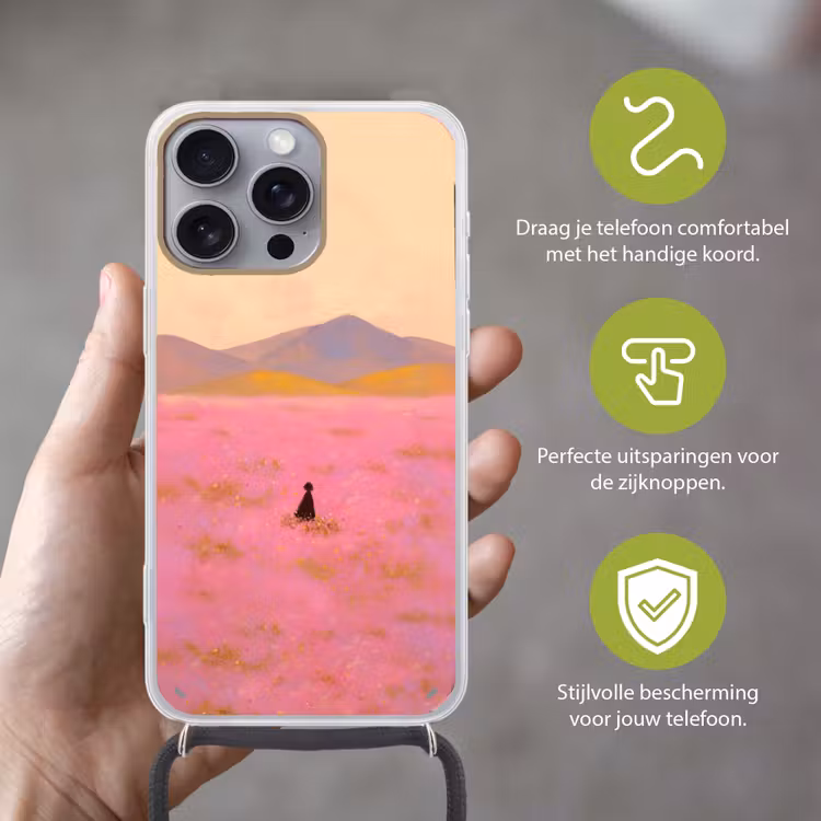 Bloemenweide - Heuvels - Silhouet - Roze Hoesje iPhone 16 Pro Max met koord klein -sfeer2_NL
