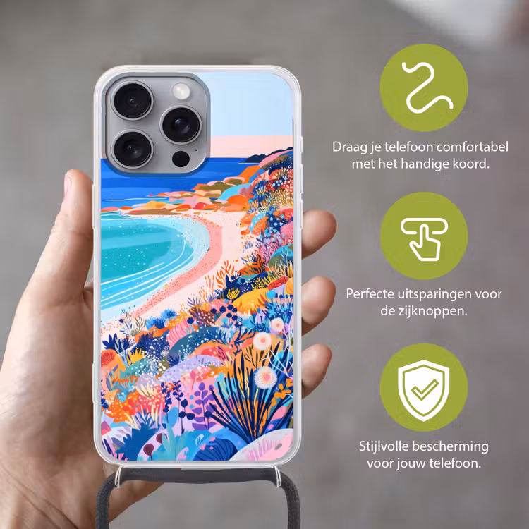 Bloemenweide - Zee - Zomers Hoesje iPhone 16 Pro Max met koord klein -sfeer2_NL