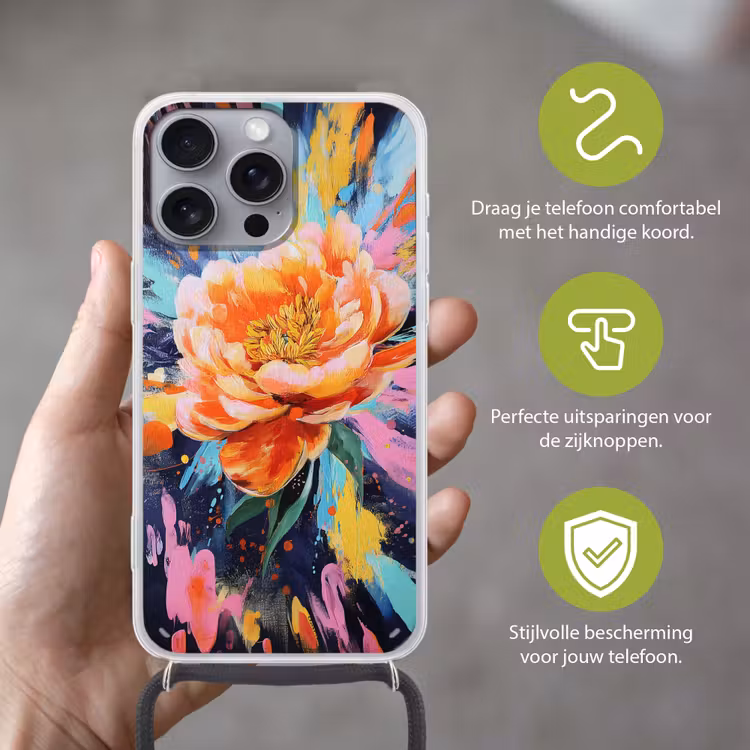 Bloemexplosie - Felle spatten - Dynamisch Hoesje iPhone 16 Pro Max met koord klein -sfeer2_NL