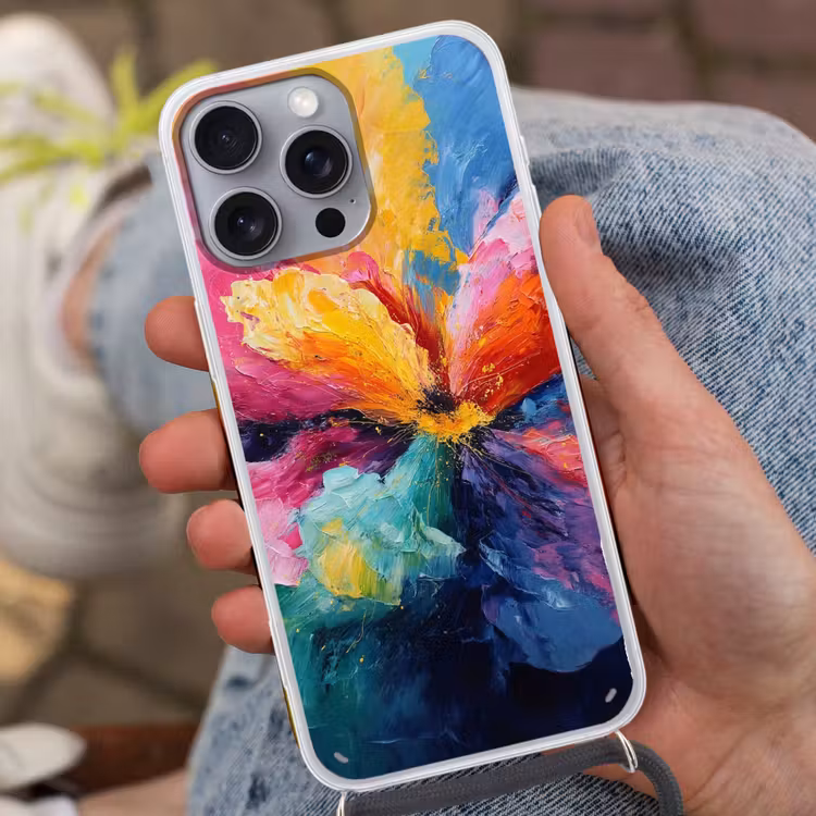 Bloemexplosie - Veelkleurig - Bewegend Hoesje iPhone 16 Pro Max met koord klein -sfeer3