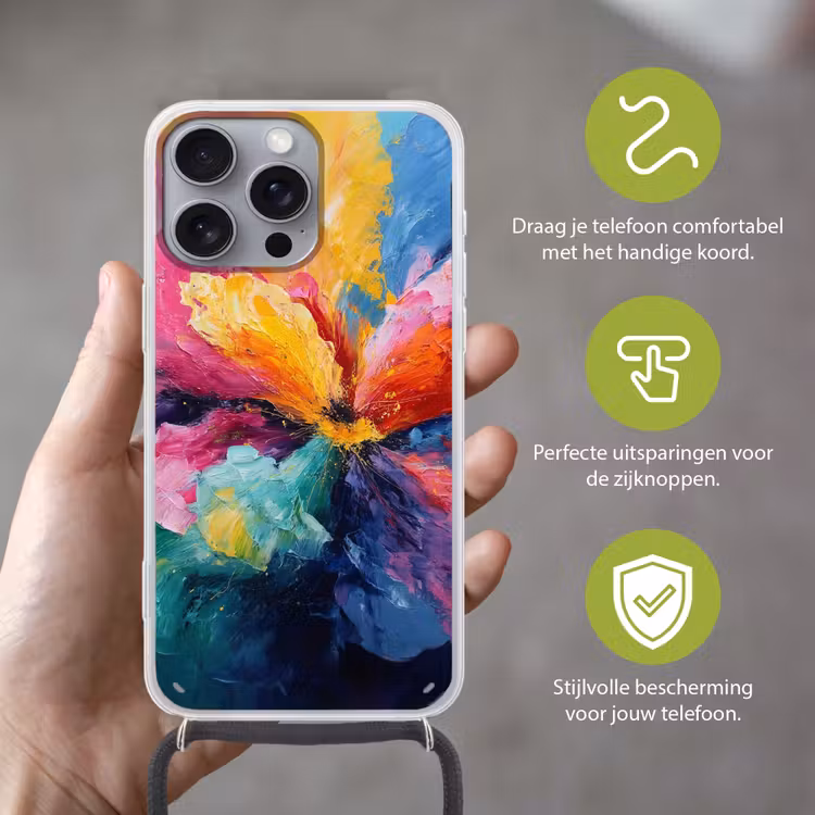 Bloemexplosie - Veelkleurig - Bewegend Hoesje iPhone 16 Pro Max met koord klein -sfeer2_NL