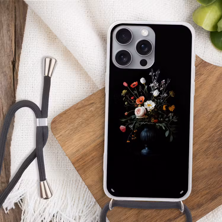 Bloemstuk - Vaas - Zwart Hoesje iPhone 16 Pro Max met koord klein -sfeer4
